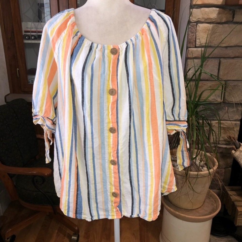 EST. 1946 SIZE 26/28 MULTICOLORED VERTICAL STRIPED POPOVER TOP LINEN RAYON BLEND